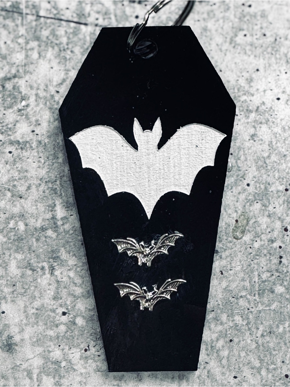 Black Coffin Bat Keychain with Silver Accents -handmade acrylic